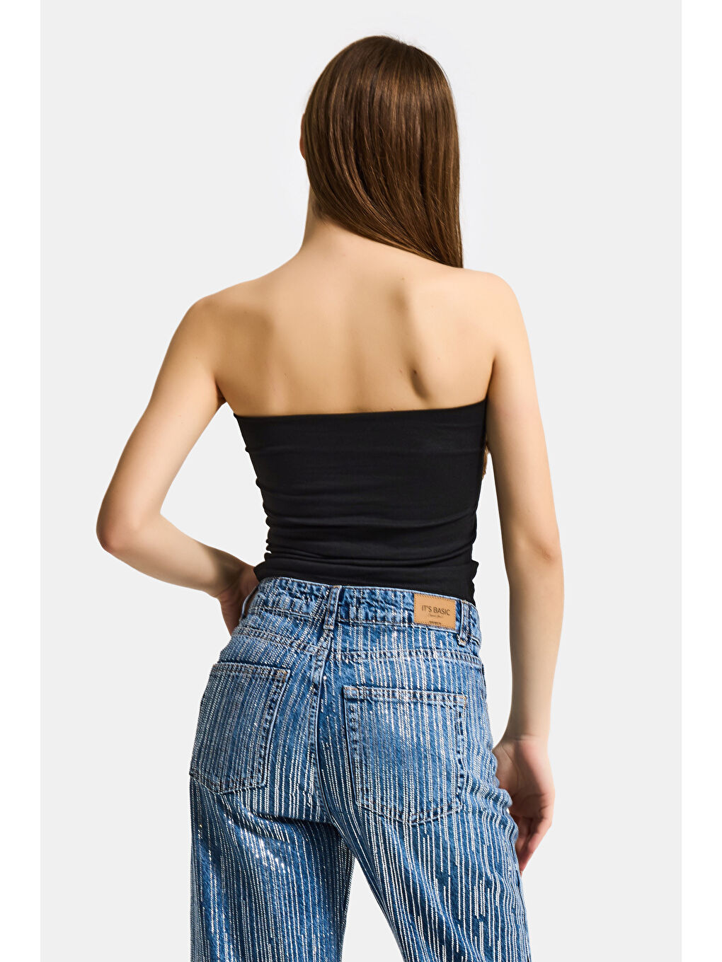 Kadın Siyah w5 Baskılı Cup Destekli Straplez Tasarım Büstiyer-4