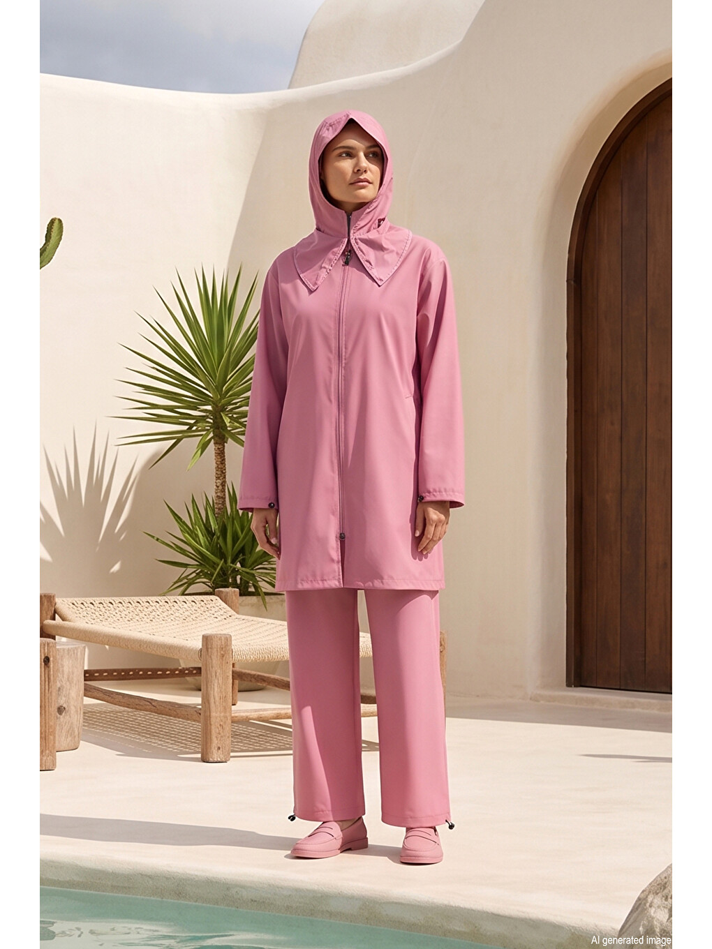 Pembe Çift Bone Paraşüt Tam Kapalı Tesettür Mayo 01 Gül Kurusu-2