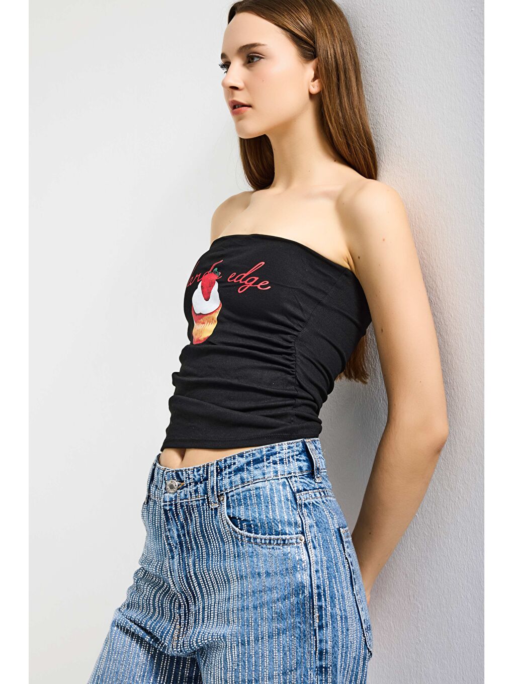 Kadın Siyah w5 Baskılı Cup Destekli Straplez Tasarım Büstiyer-5