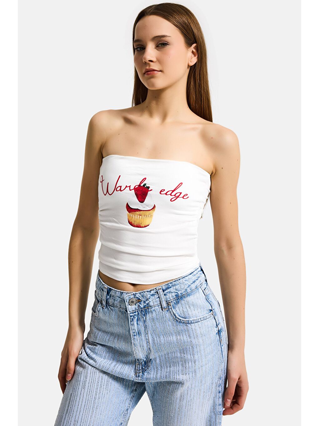 Kadın Beyaz w5 Baskılı Cup Destekli Straplez Tasarım Büstiyer-4