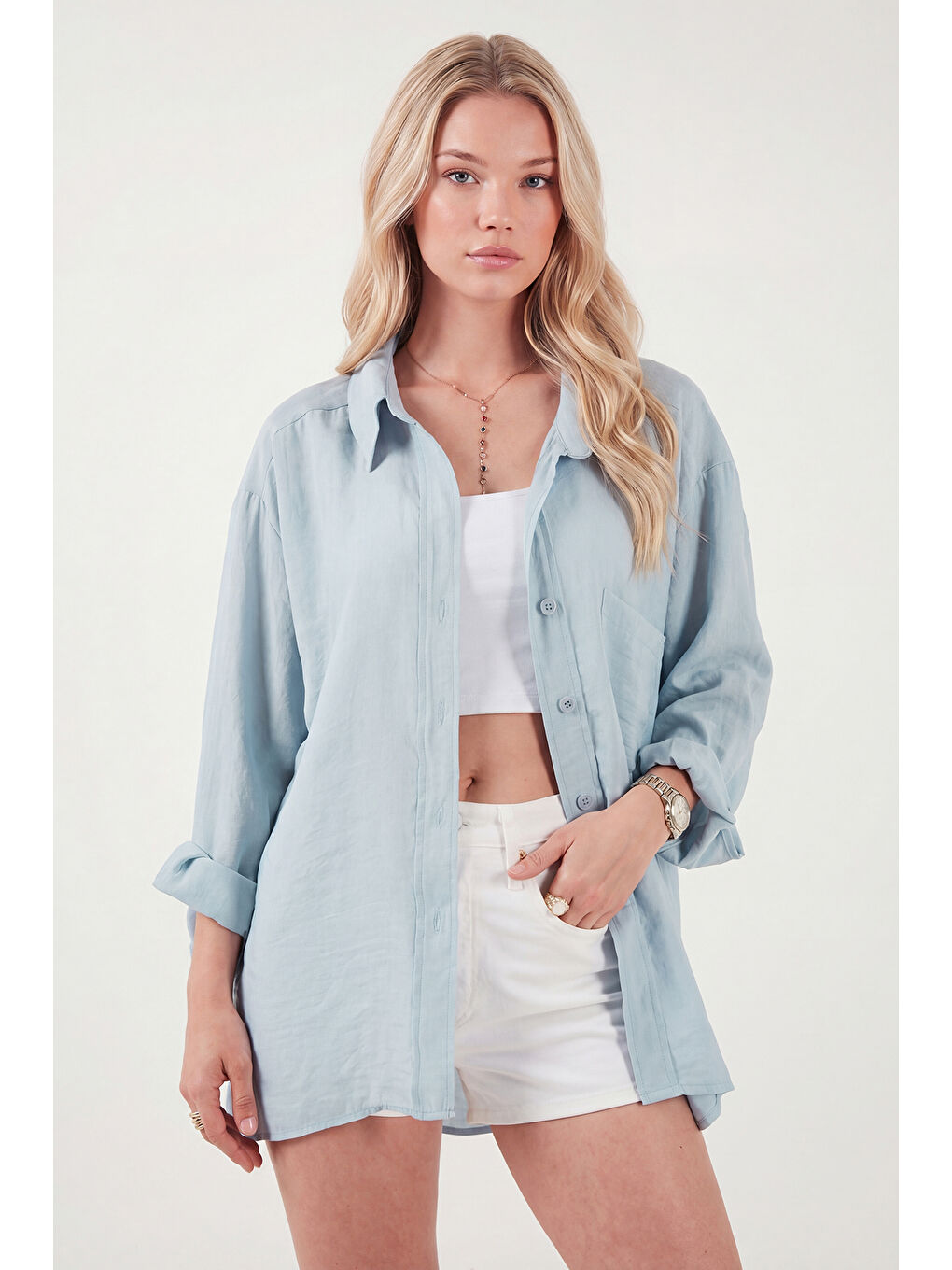 Mavi Modal Oversize Fit Uzun Kollu Kadın Gömlek 6834612-2