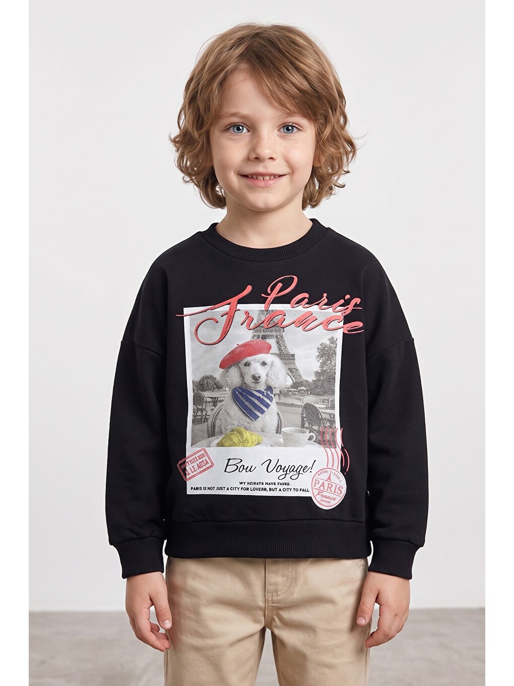 Siyah Köpek Baskılı Oversize Erkek Çocuk Sweatshirt-1