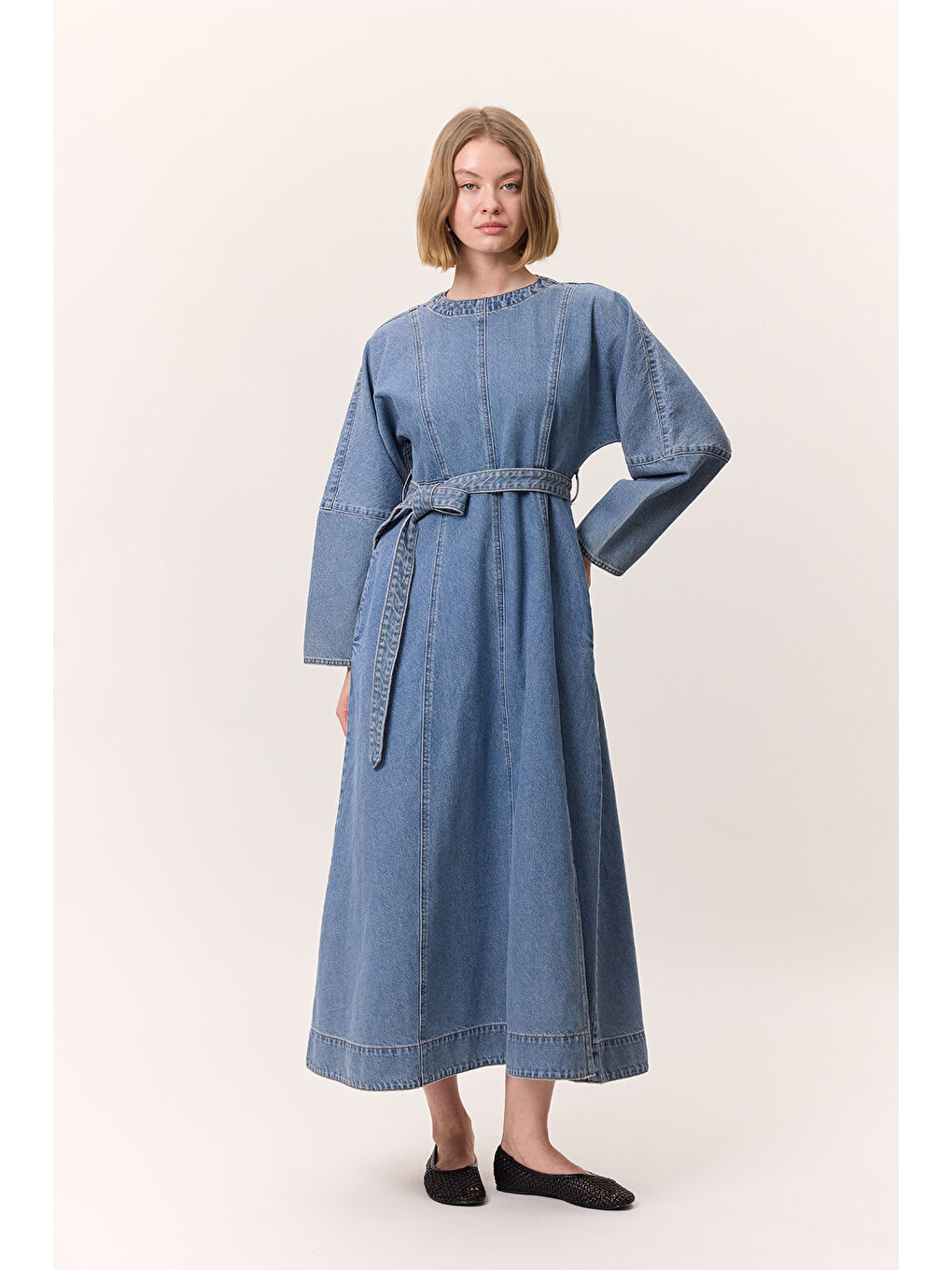 Geniş Kol Kemerli Denım Elbise Mavi-3