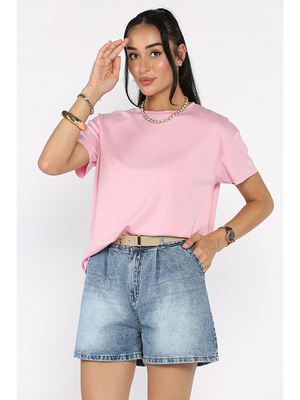 Pembe Kadın Lazer Kesim Tişört-1