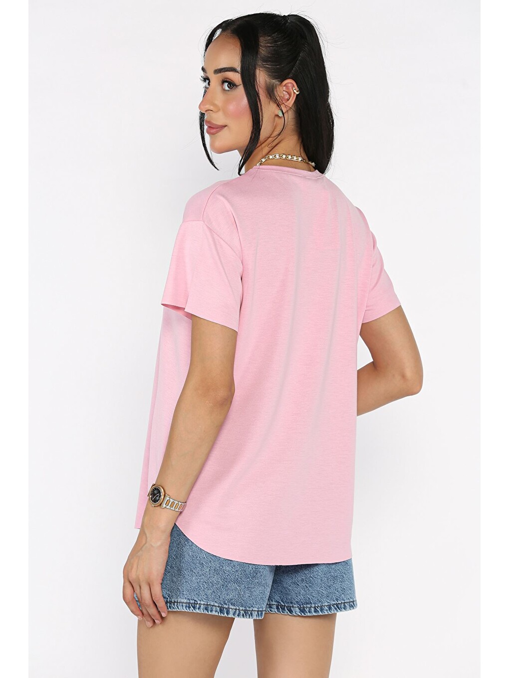 Pembe Kadın Lazer Kesim Tişört-3