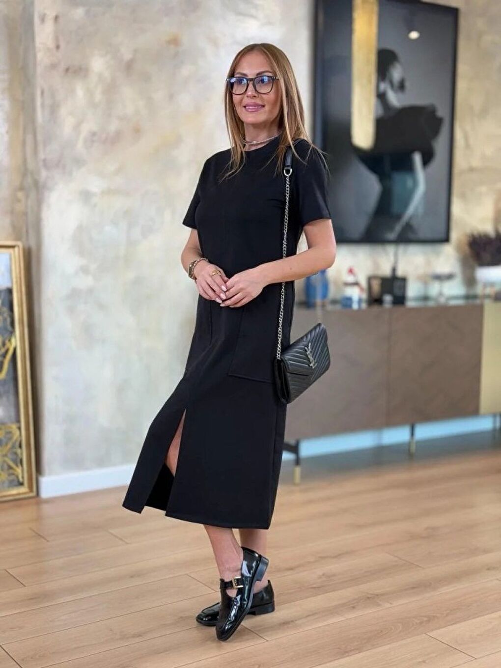 Siyah Kadın Kısa Kollu Bisiklet Yakalı Cepli önden Yırtmaçlı Viskon Iki Iplik Midi Elbise-4