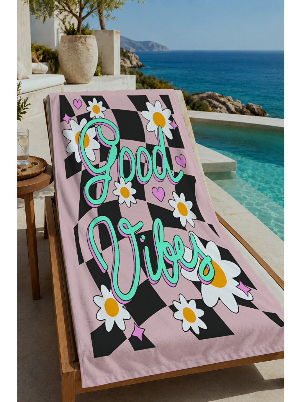 Pembe Siyah Dama Good Vibes Papatya Desenli 70x150 Cm Dijital Baskılı Plaj Ve Banyo Havlusu