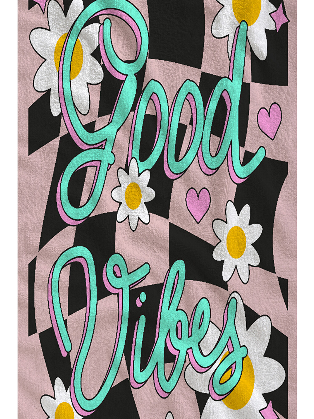 Pembe Siyah Dama Good Vibes Papatya Desenli 70x150 Cm Dijital Baskılı Plaj Ve Banyo Havlusu-1