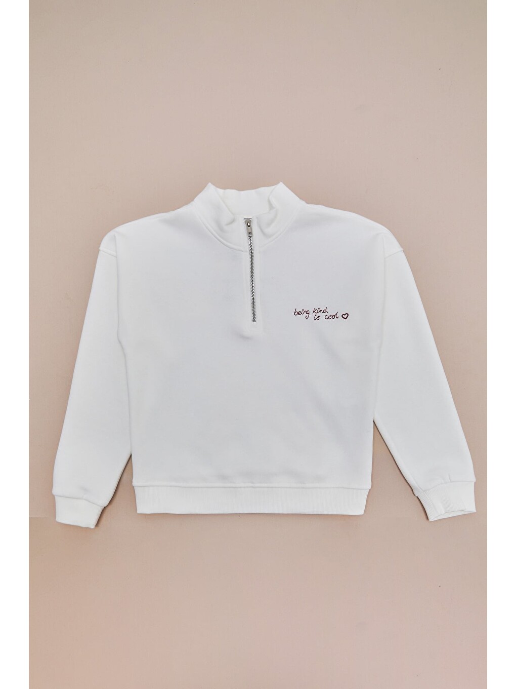 Ekru 3 İplik Yarım Fermuarlı Dik Yaka Kız Çocuk Sweatshirt-2