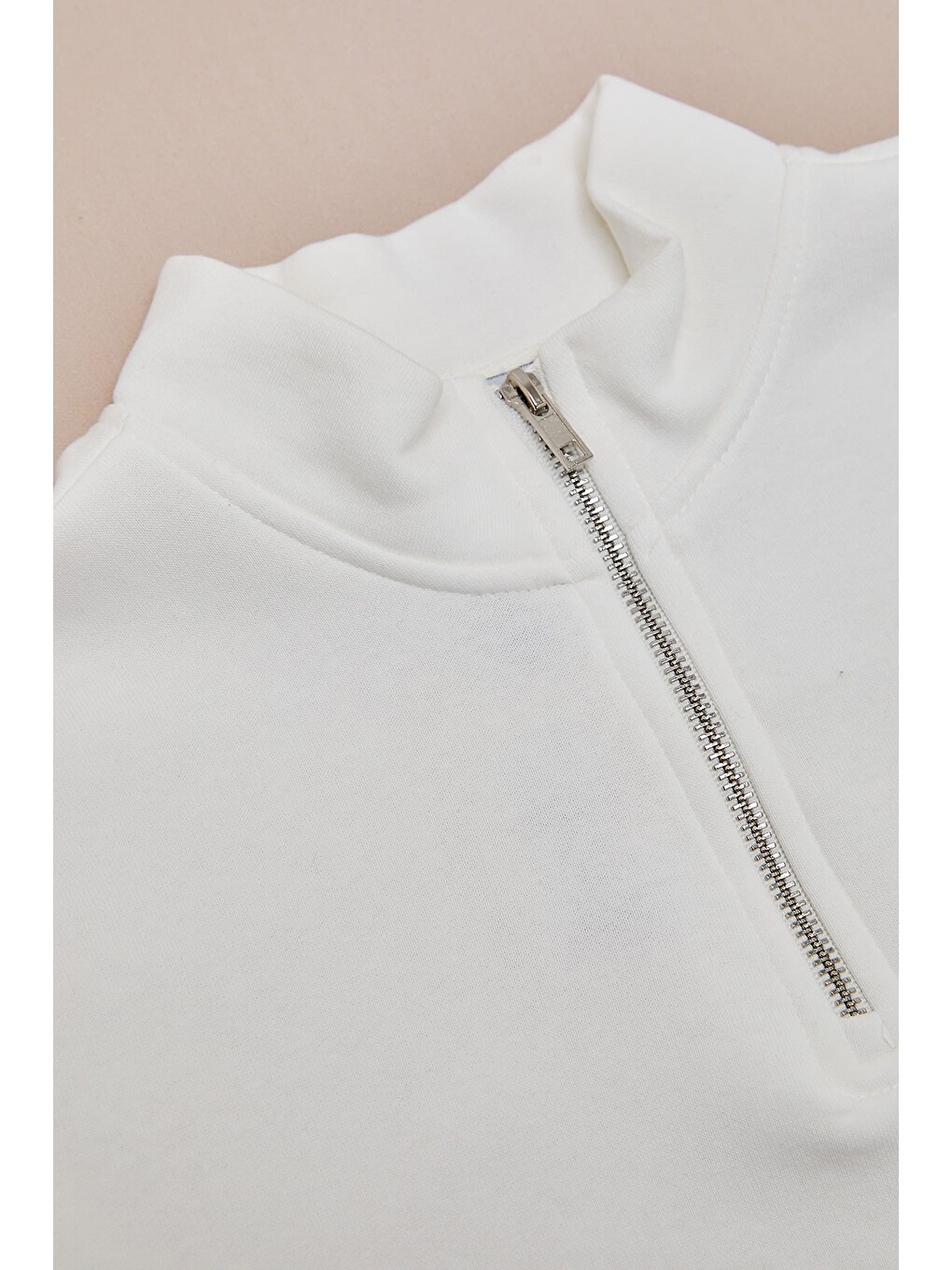 Ekru 3 İplik Yarım Fermuarlı Dik Yaka Kız Çocuk Sweatshirt-3