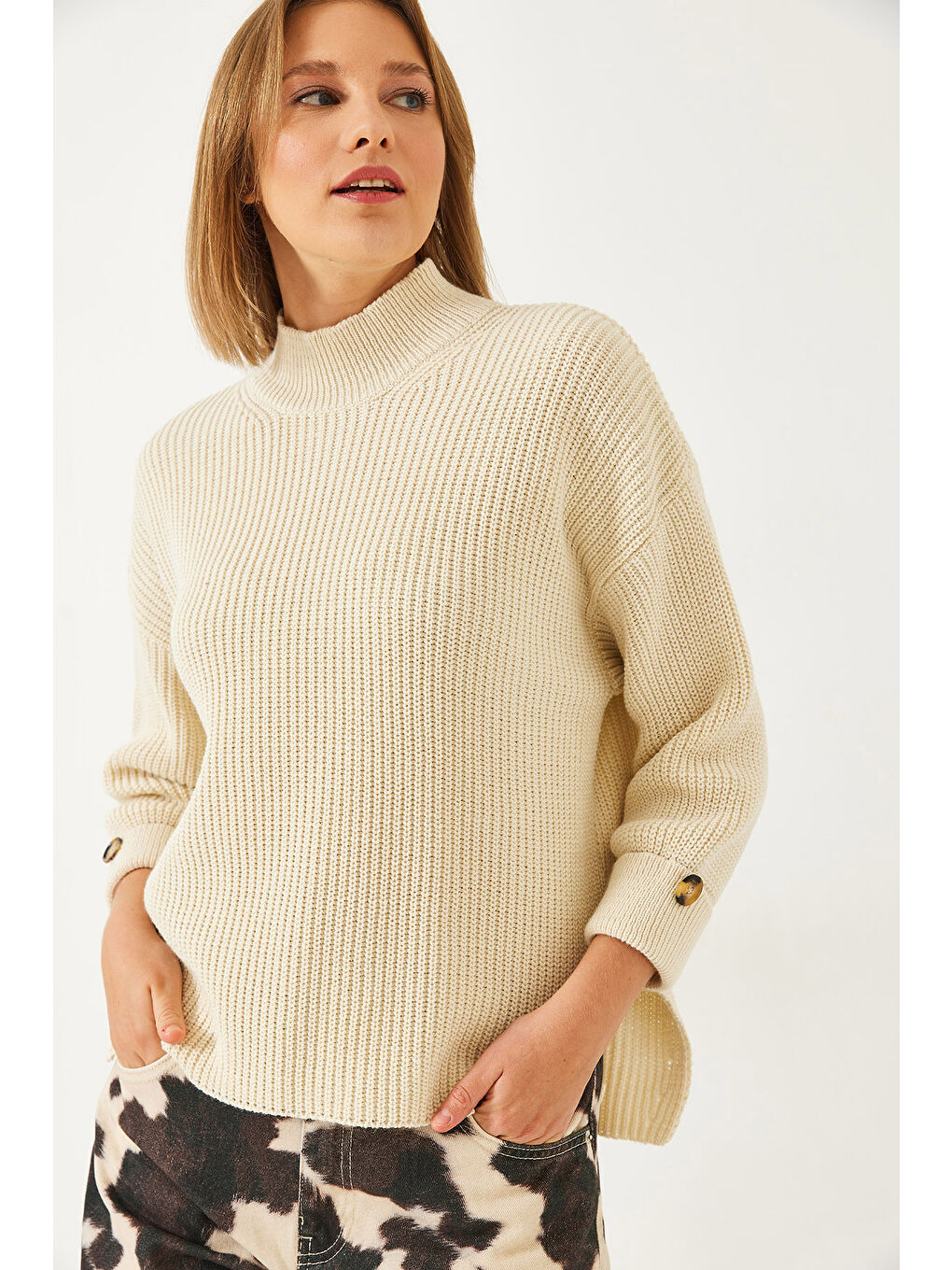 Ekru Kadın Selanik Örgü Kazak-3