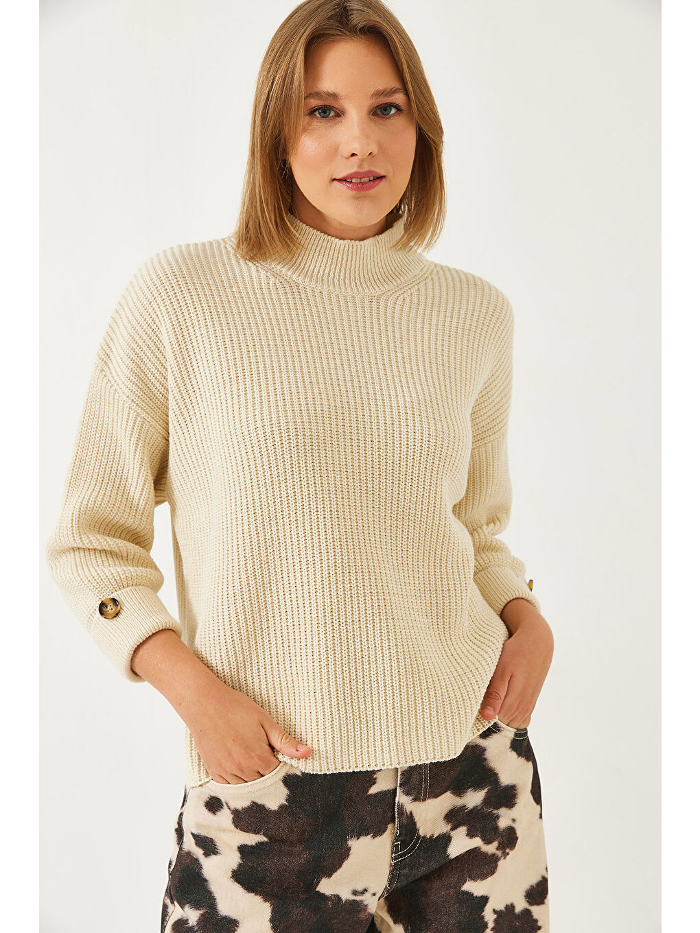 Ekru Kadın Selanik Örgü Kazak-4