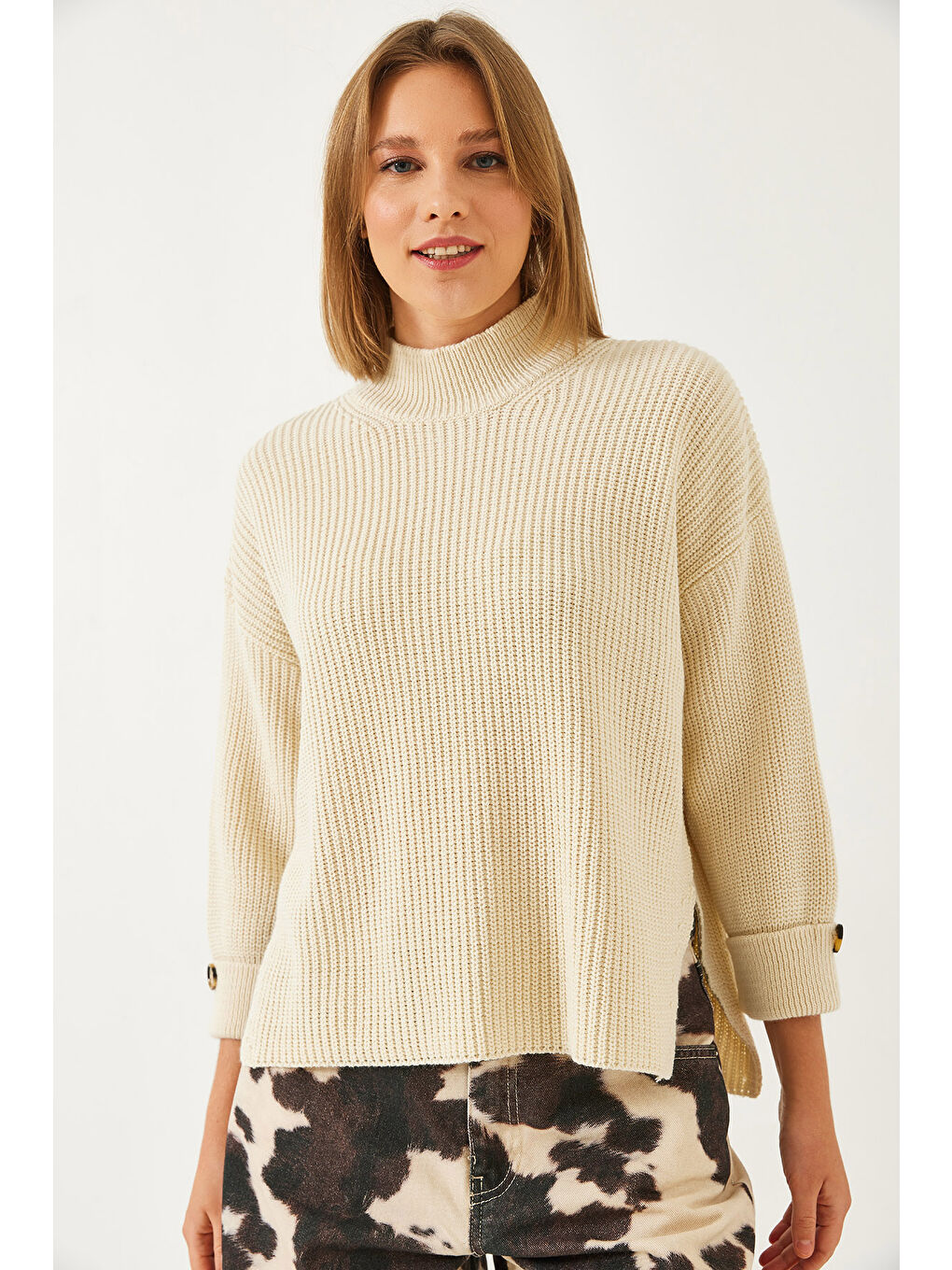 Ekru Kadın Selanik Örgü Kazak-5