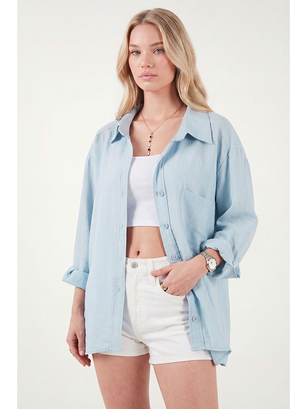 Mavi Modal Oversize Fit Uzun Kollu Kadın Gömlek 6834612-3