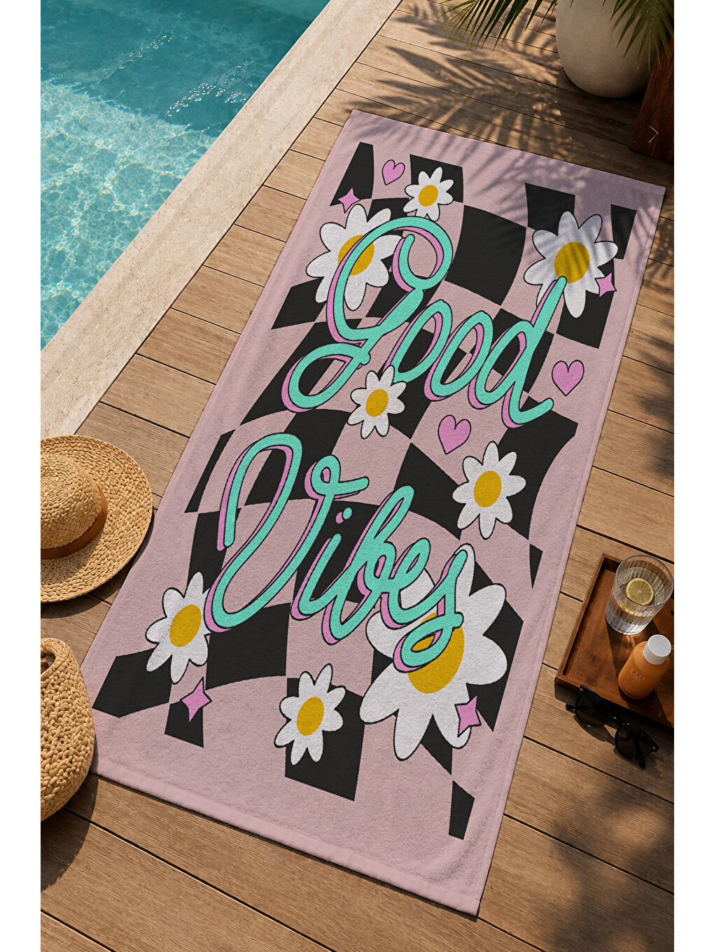Pembe Siyah Dama Good Vibes Papatya Desenli 70x150 Cm Dijital Baskılı Plaj Ve Banyo Havlusu-2
