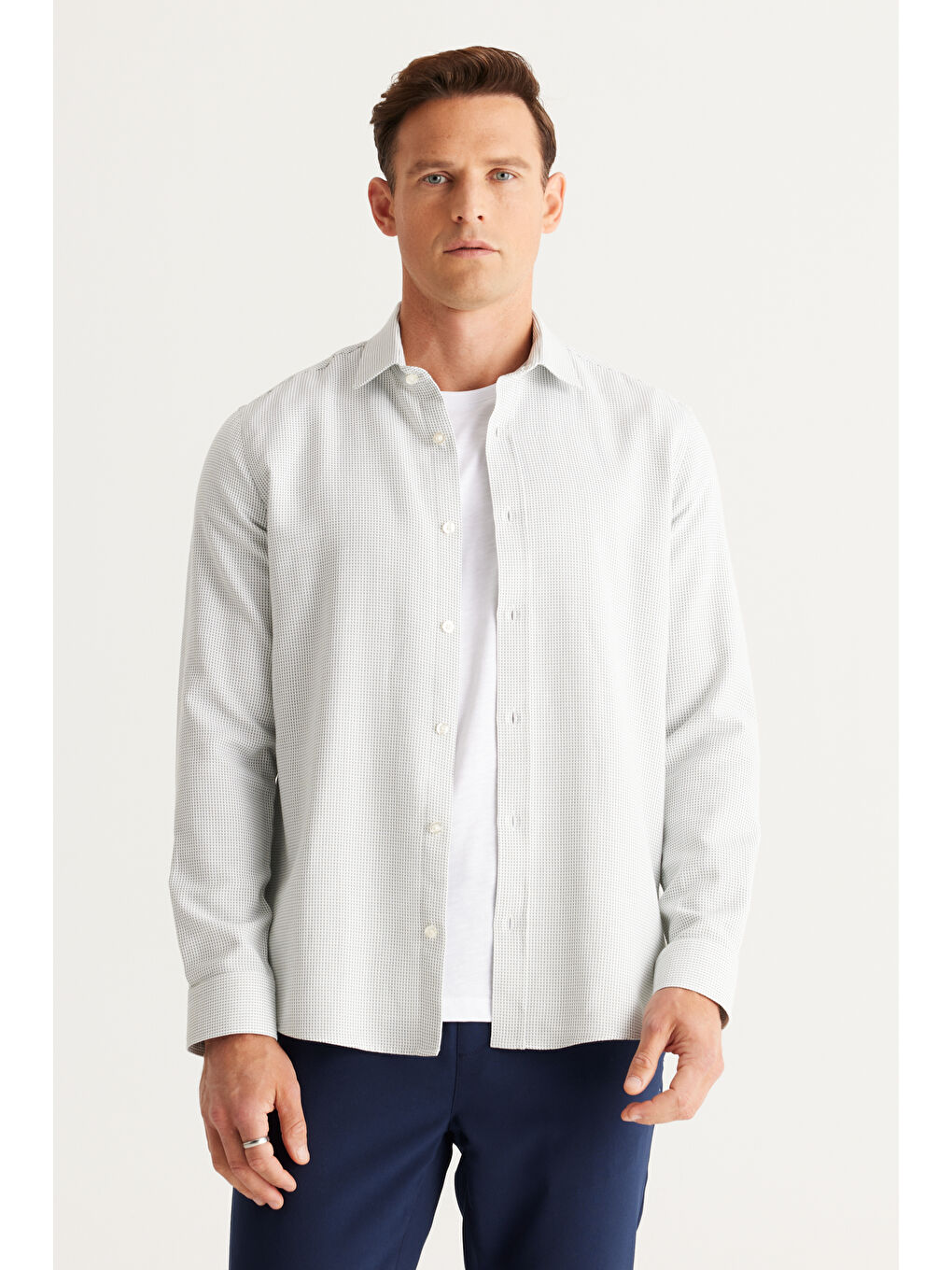 Erkek Yeşil-Beyaz Slim Fit Dar Kesim Klasik Yaka Pamuklu Armürlü Gömlek