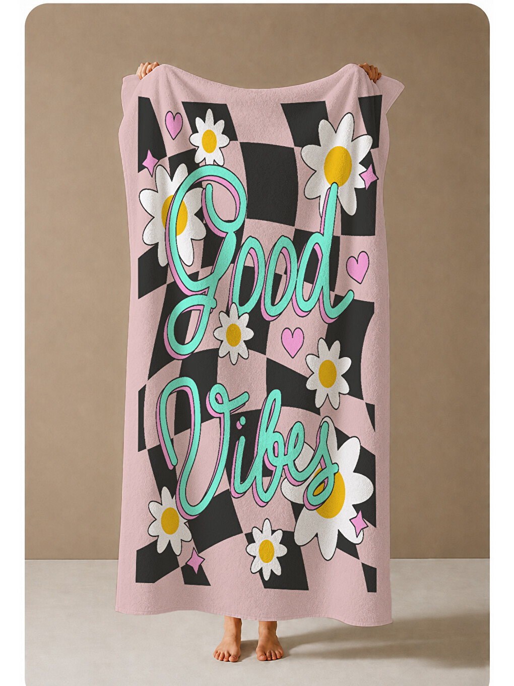 Pembe Siyah Dama Good Vibes Papatya Desenli 70x150 Cm Dijital Baskılı Plaj Ve Banyo Havlusu-3
