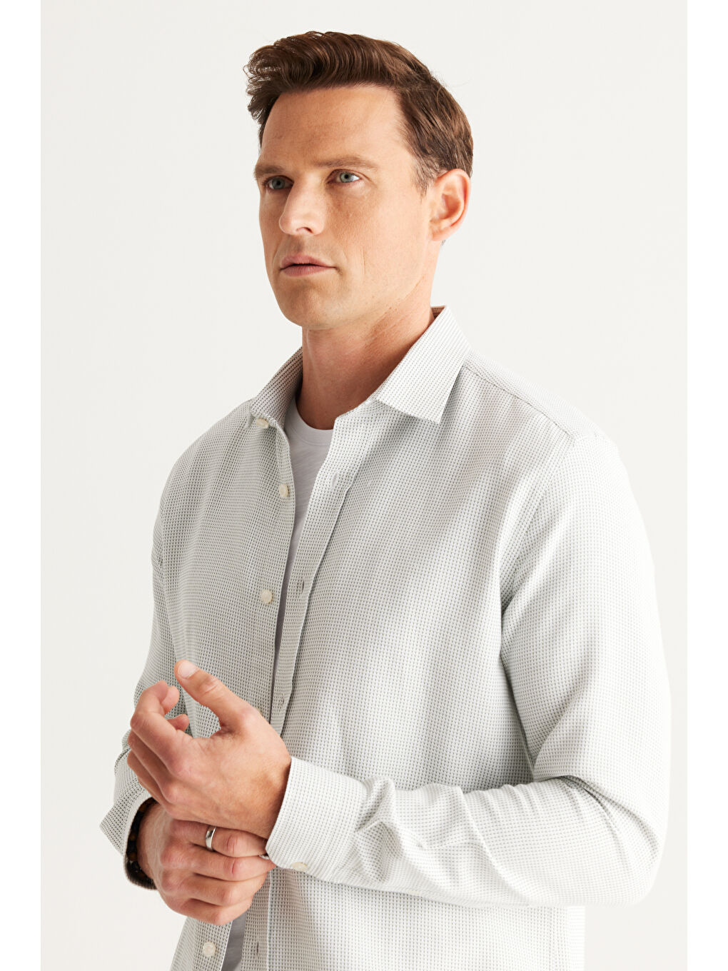 Erkek Yeşil-Beyaz Slim Fit Dar Kesim Klasik Yaka Pamuklu Armürlü Gömlek-1