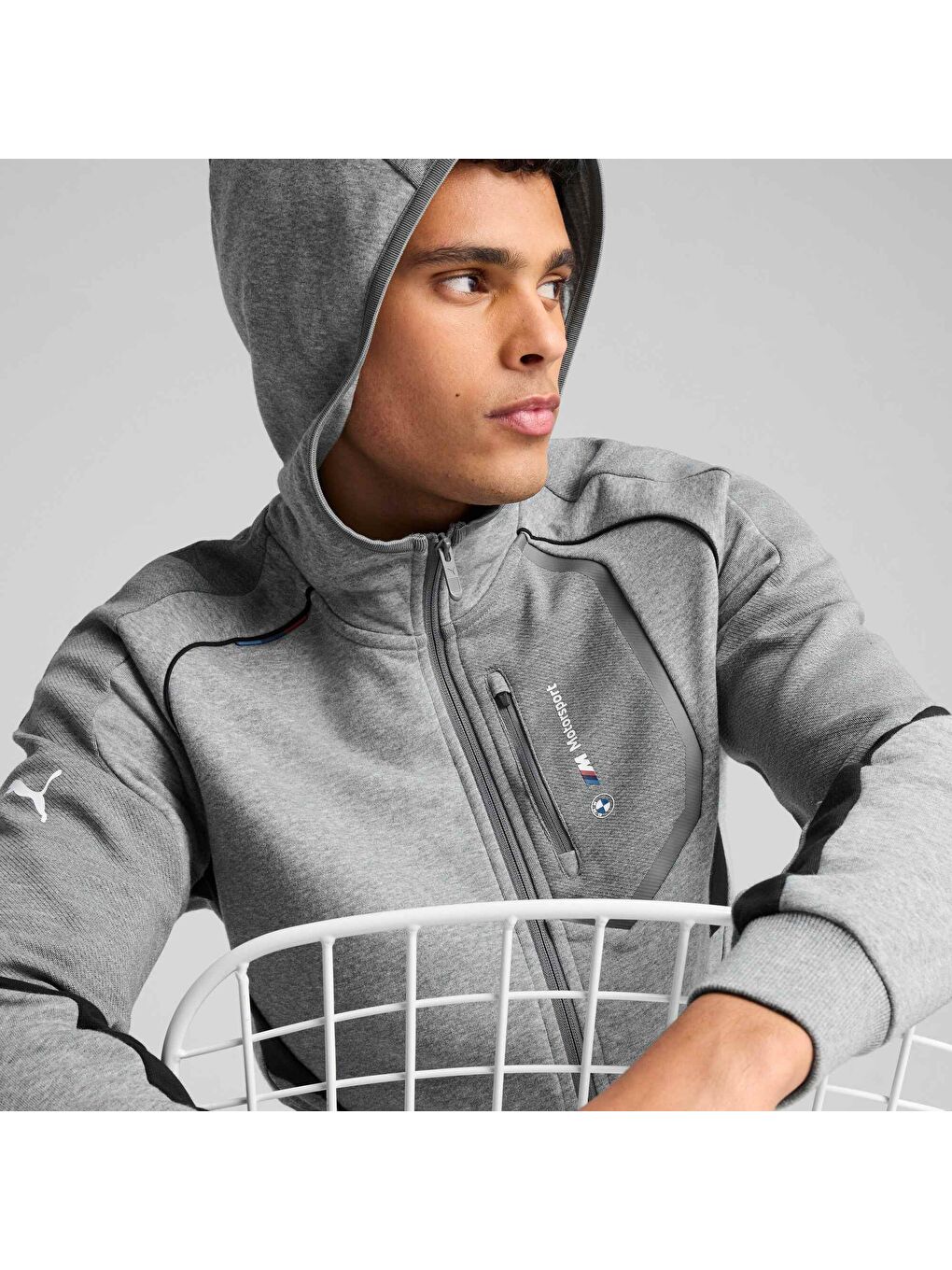 Gri BMW M Motorsport Erkek Kapüşonlu Fermuarlı Sweatshirt-4
