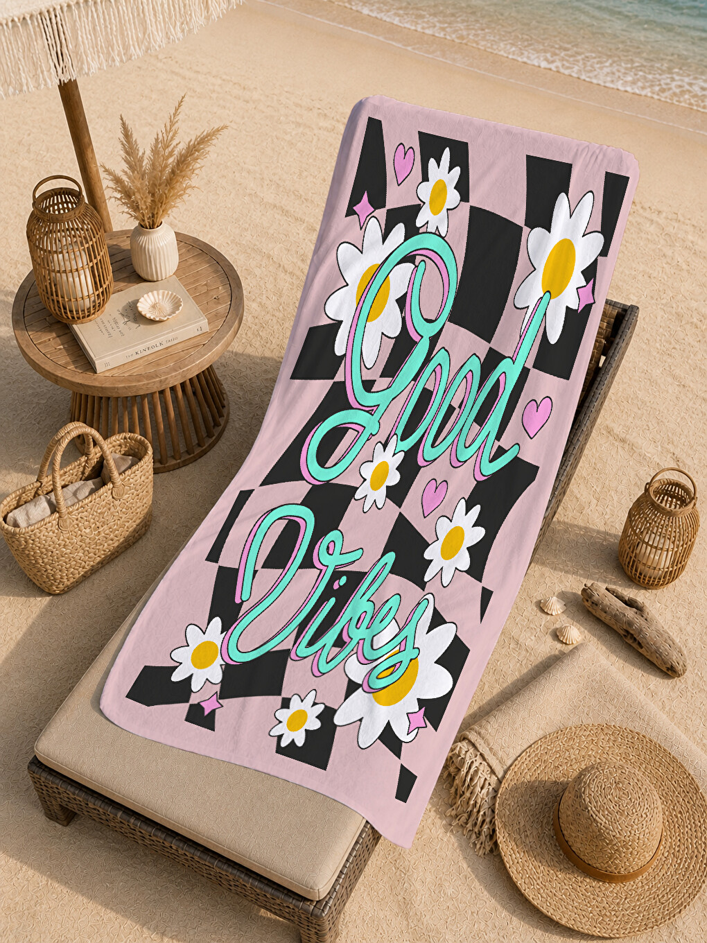 Pembe Siyah Dama Good Vibes Papatya Desenli 70x150 Cm Dijital Baskılı Plaj Ve Banyo Havlusu-4