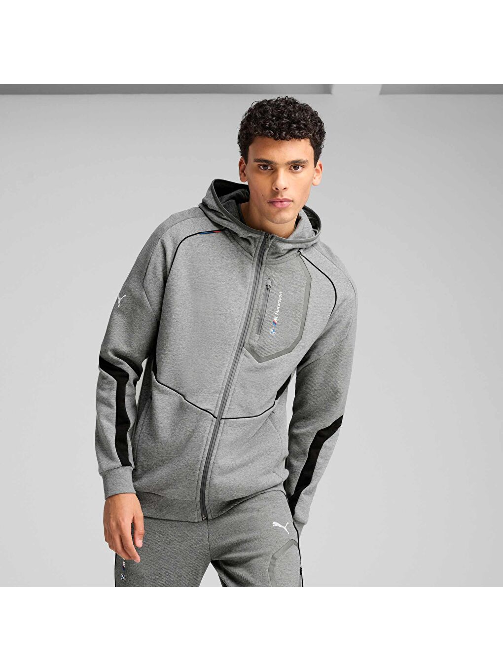Gri BMW M Motorsport Erkek Kapüşonlu Fermuarlı Sweatshirt-6
