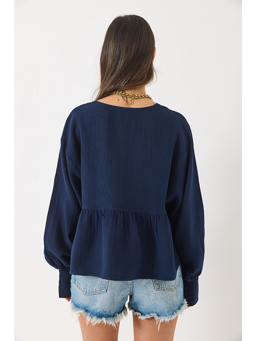 Lacivert Kadın V Yaka Bağlama Detaylı Müslin Bluz-6