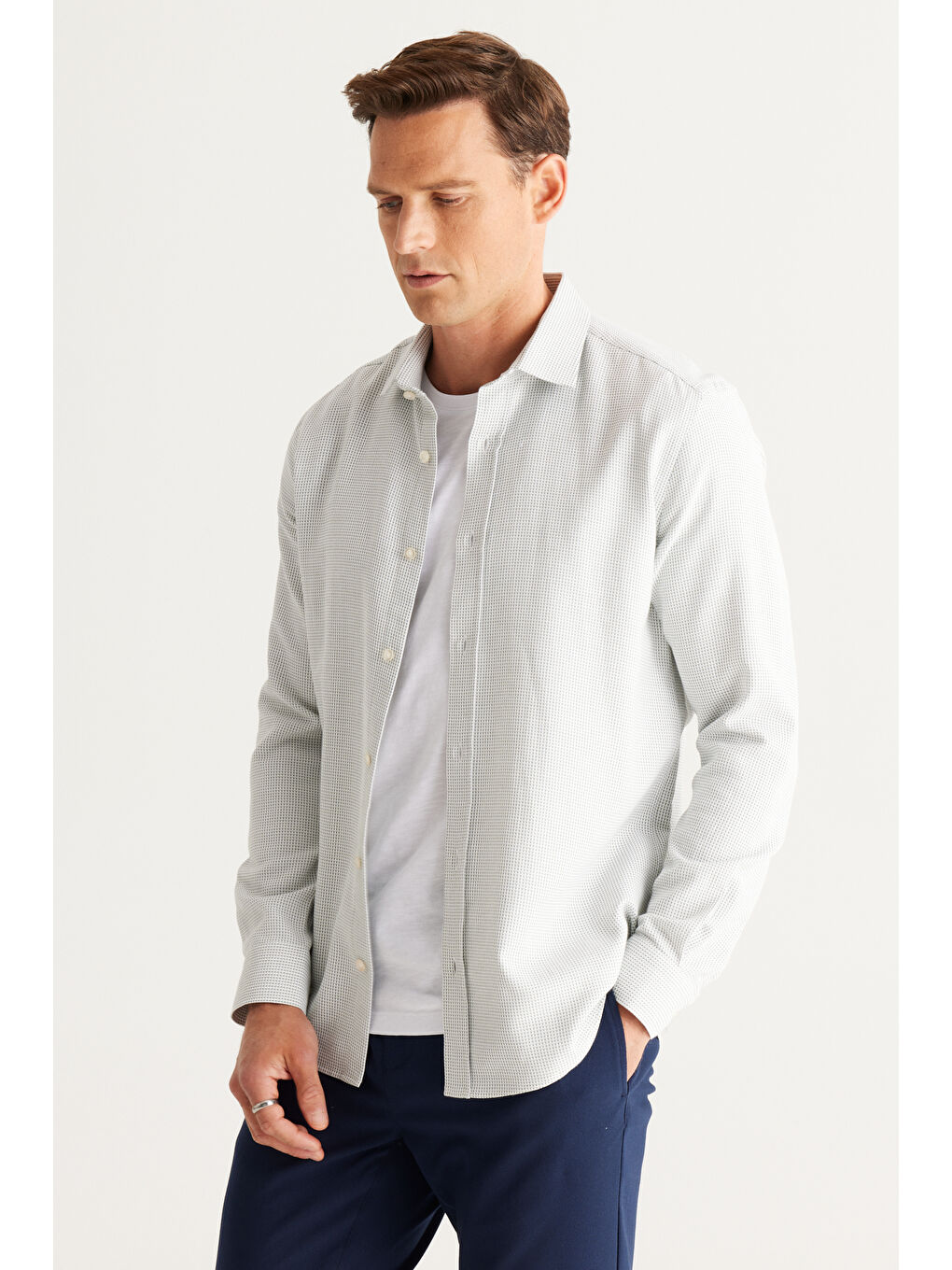 Erkek Yeşil-Beyaz Slim Fit Dar Kesim Klasik Yaka Pamuklu Armürlü Gömlek-3