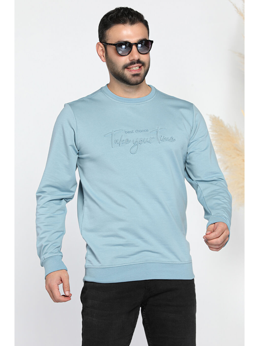 Mishar İtalia Mavi Erkek Bisiklet Yaka Yazı Kabartmalı Sweatshirt