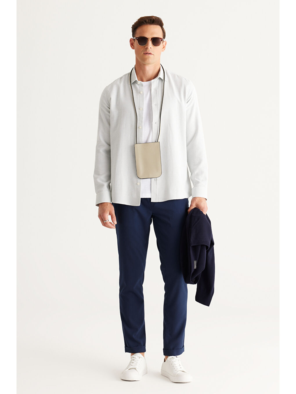 Erkek Yeşil-Beyaz Slim Fit Dar Kesim Klasik Yaka Pamuklu Armürlü Gömlek-4