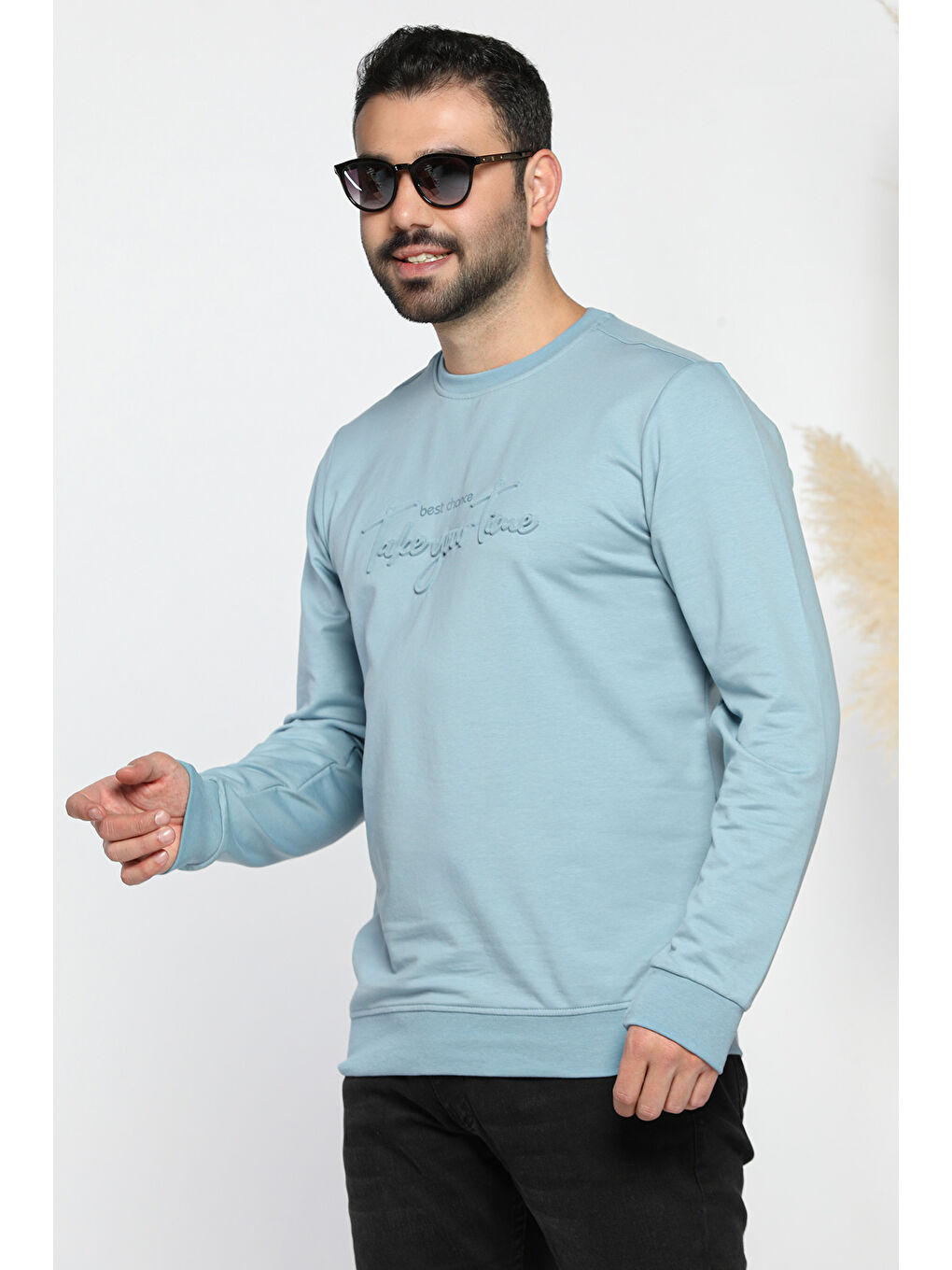 Mishar İtalia Mavi Erkek Bisiklet Yaka Yazı Kabartmalı Sweatshirt - 1