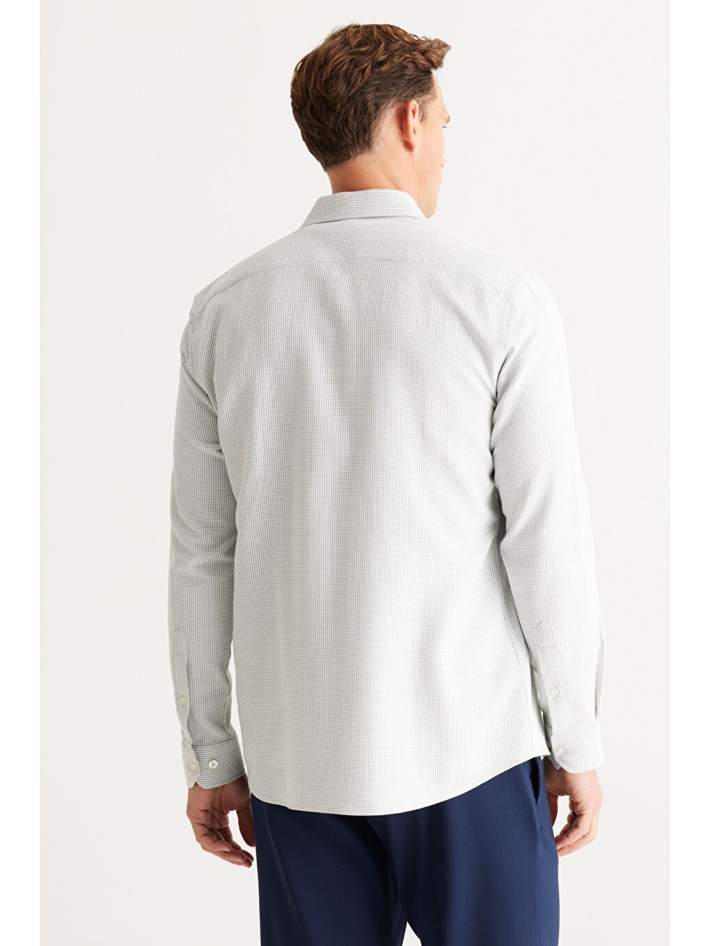 Erkek Yeşil-Beyaz Slim Fit Dar Kesim Klasik Yaka Pamuklu Armürlü Gömlek-5