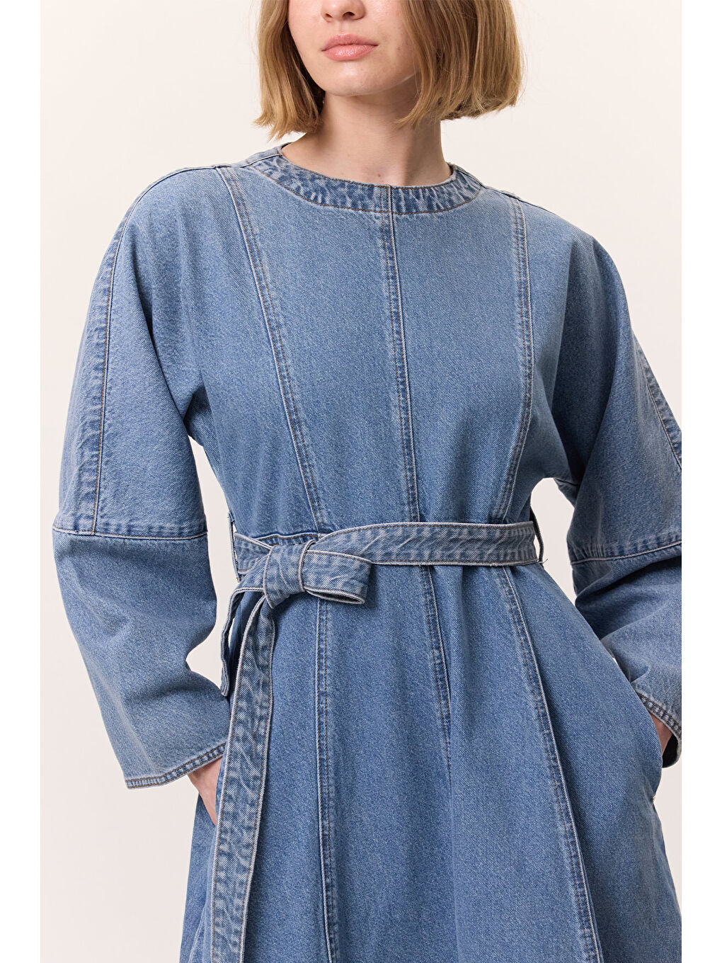 Geniş Kol Kemerli Denım Elbise Mavi-4