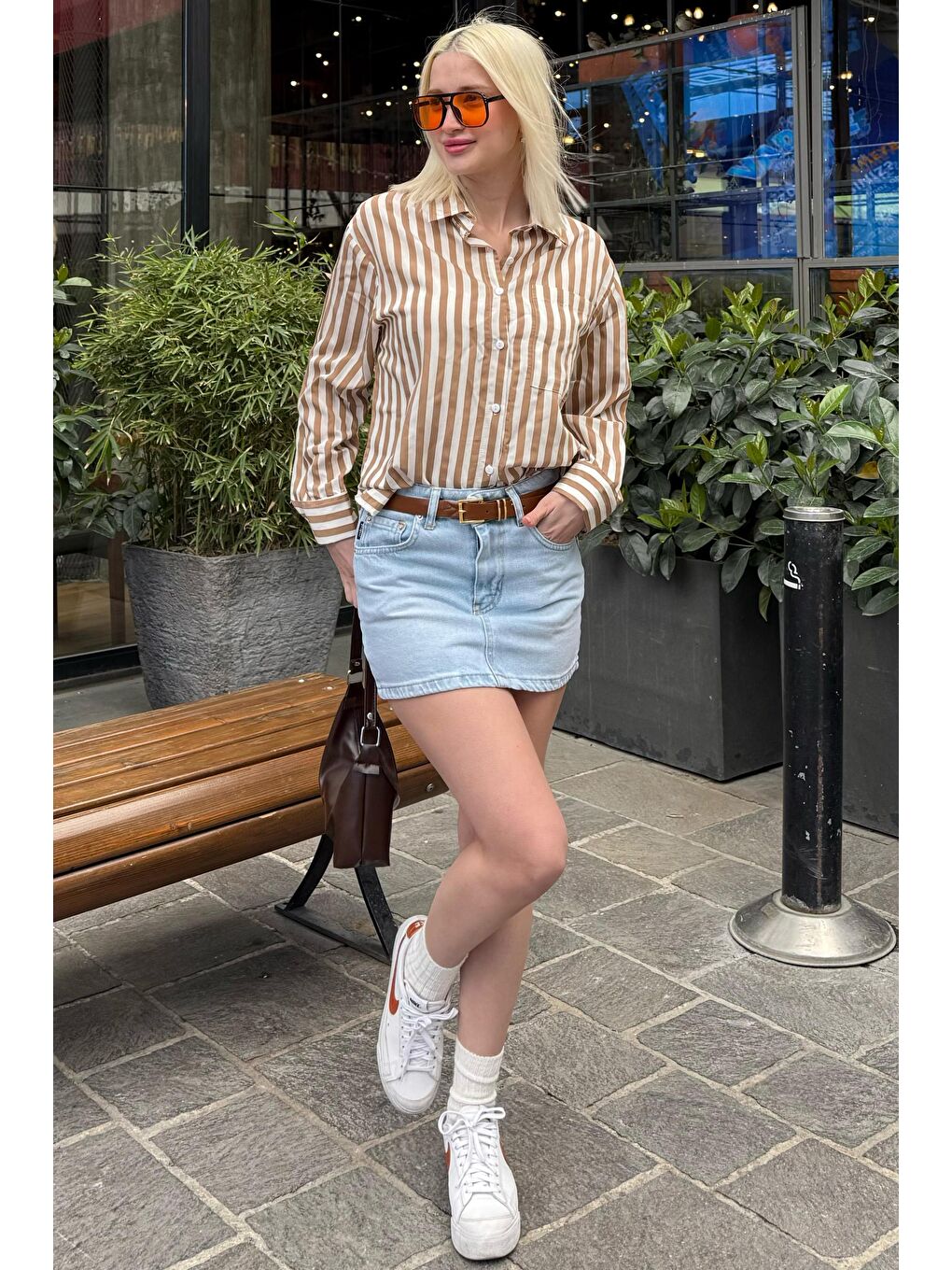 Bej Cep Detaylı Çizgili Kadın Gömlek Mg2295-4