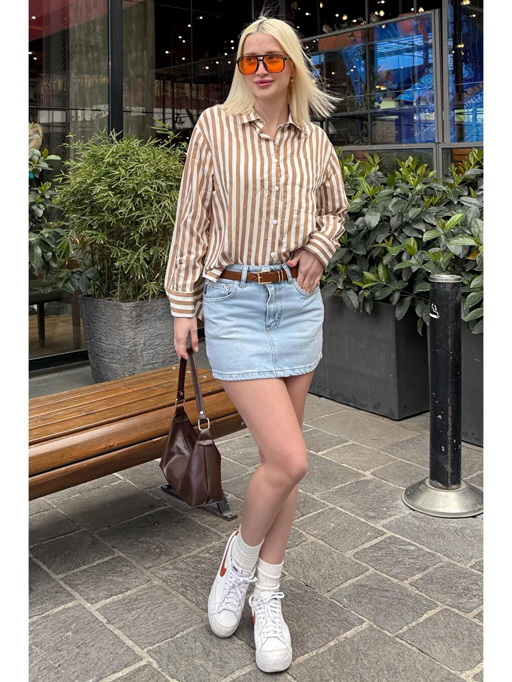 Bej Cep Detaylı Çizgili Kadın Gömlek Mg2295-5