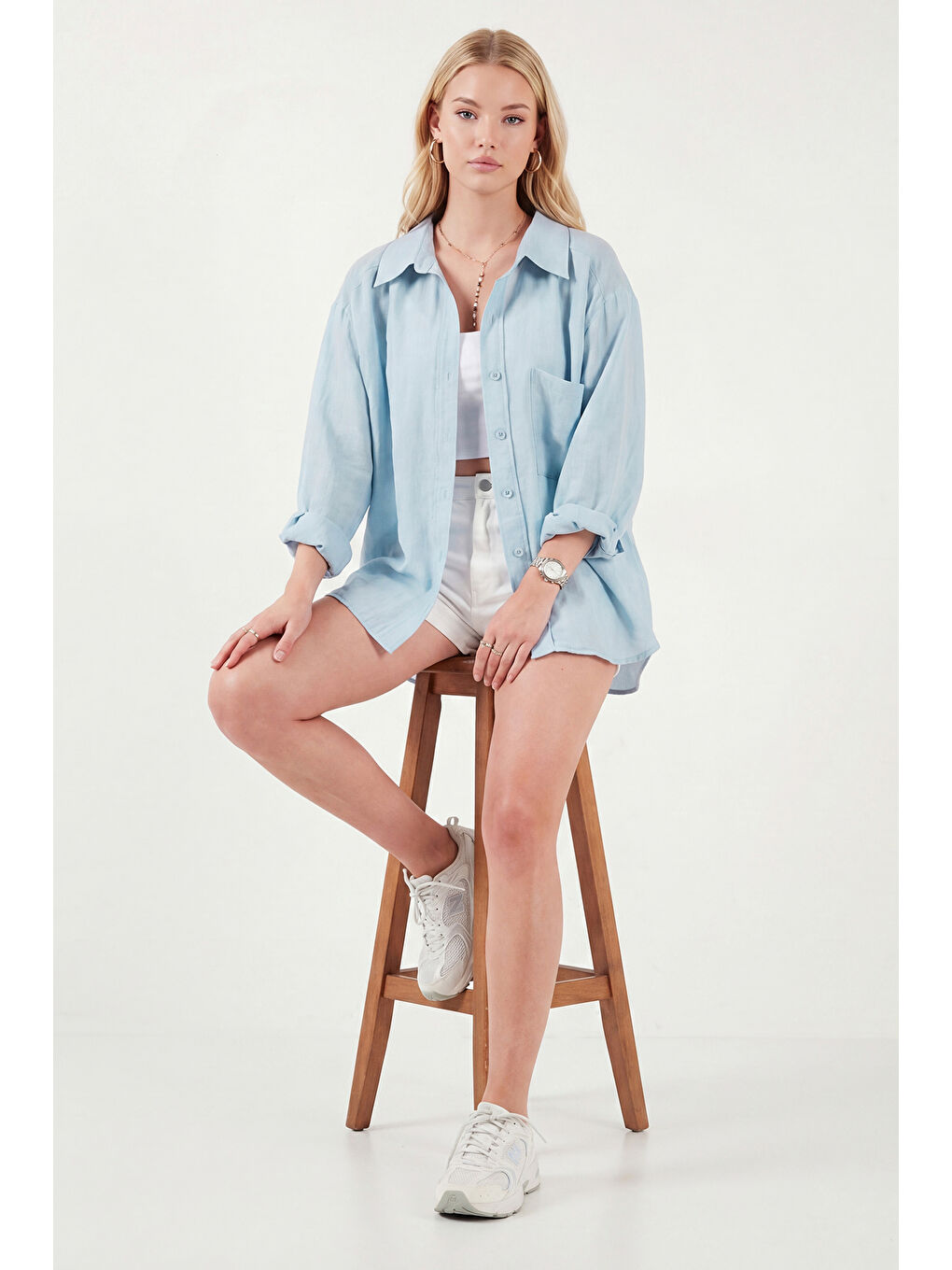 Mavi Modal Oversize Fit Uzun Kollu Kadın Gömlek 6834612-4