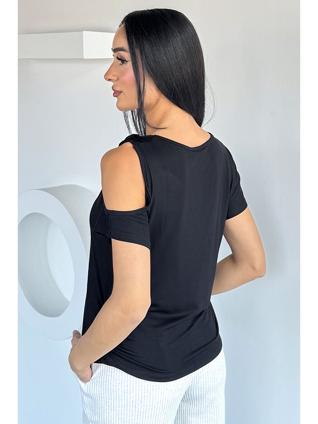 Siyah Kadın Baskılı Basic Tişört-2
