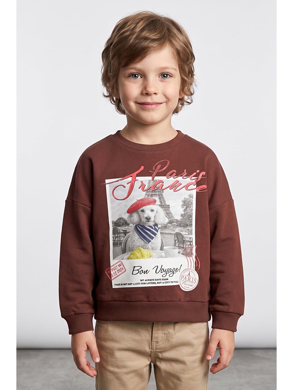 Kahverengi Köpek Baskılı Oversize Erkek Çocuk Sweatshirt-1