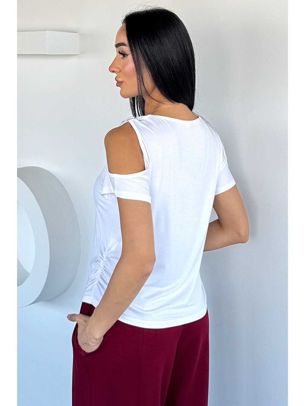 Beyaz Kadın Baskılı Basic Tişört-3
