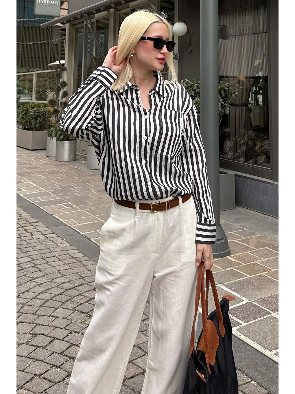 Siyah Cep Detaylı Çizgili Kadın Gömlek Mg2295-4