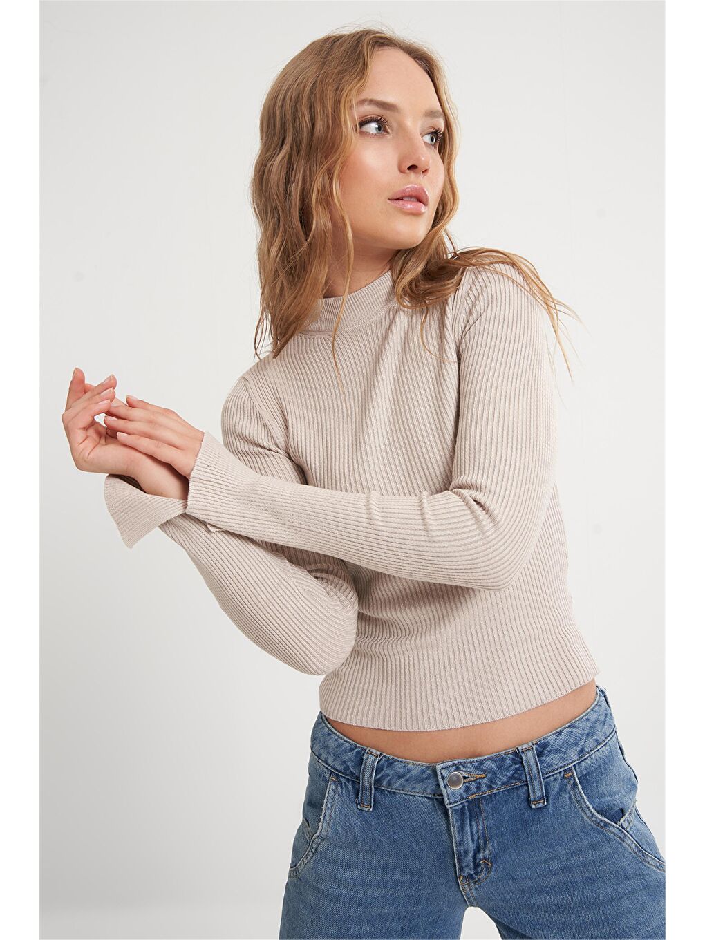 Bej Taş Dik Yaka Yumuşak Basic Kazak-1