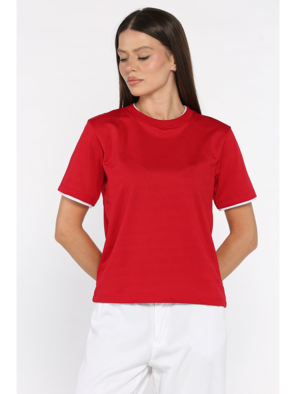 Bordo Kadın Çift Yaka Basic Tişört-1