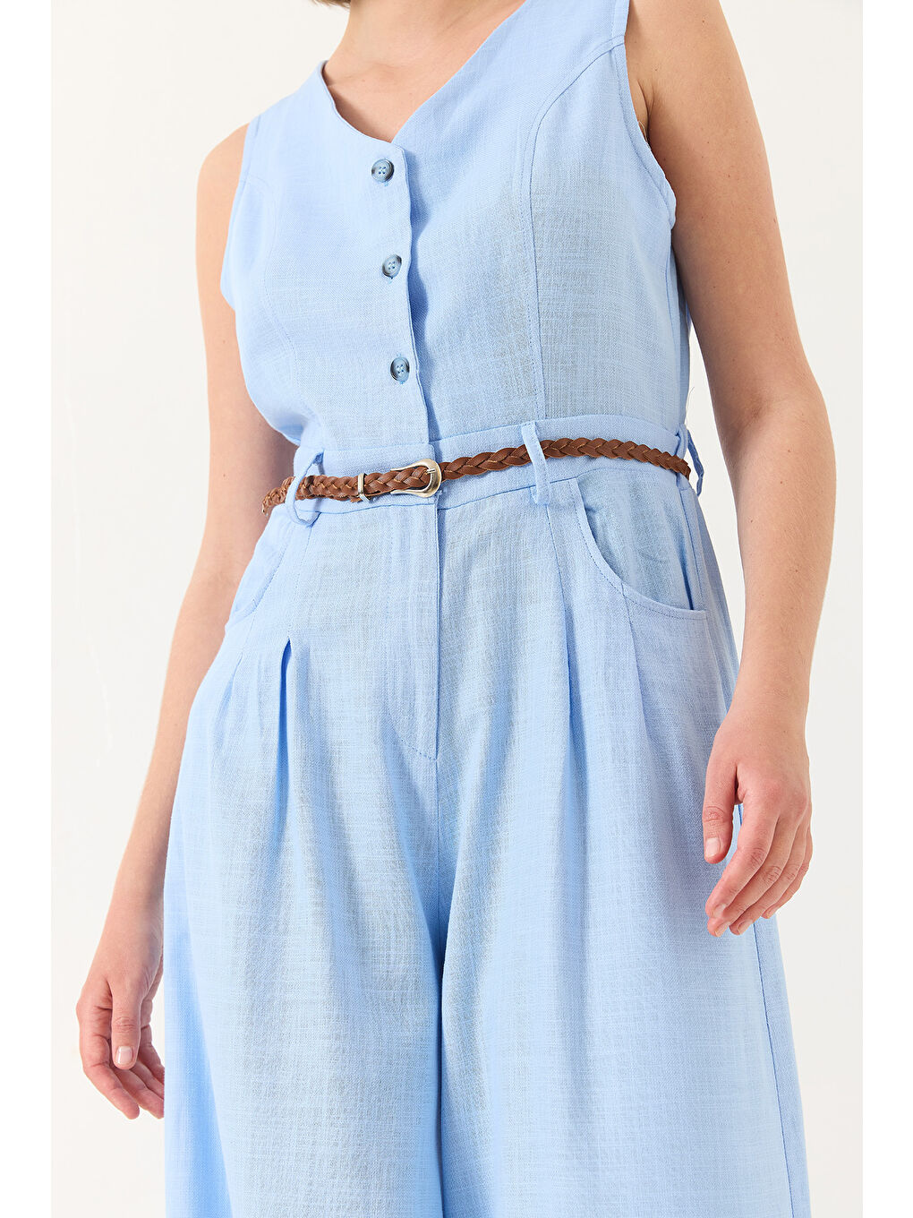 Mavi Kadın V Yaka Örgü Kemerli Cepli Bol Pantolonlu Keten Tulum-5