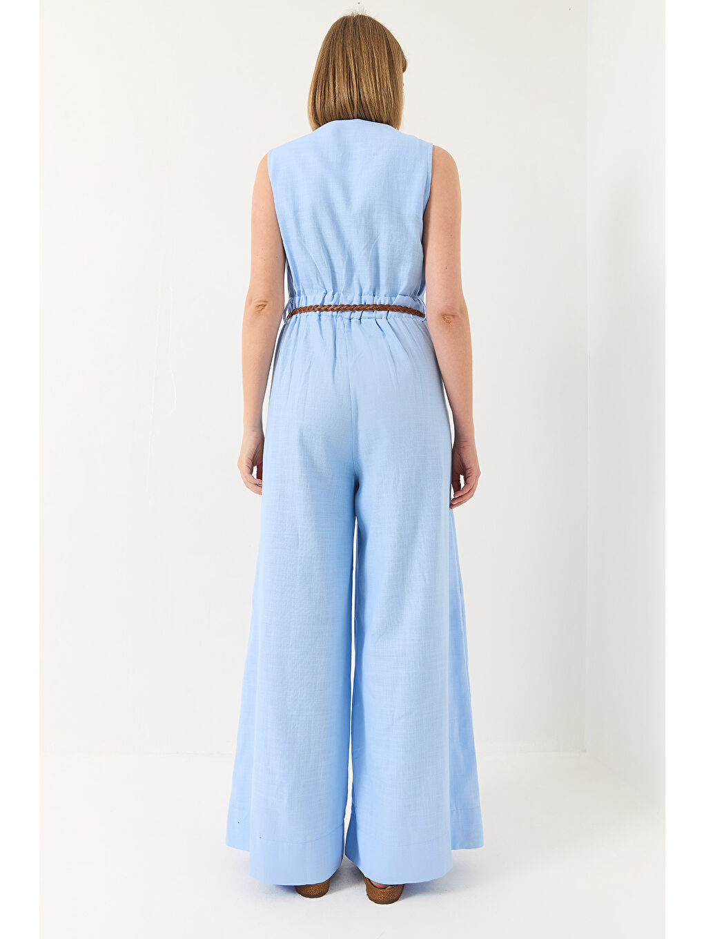 Mavi Kadın V Yaka Örgü Kemerli Cepli Bol Pantolonlu Keten Tulum-6