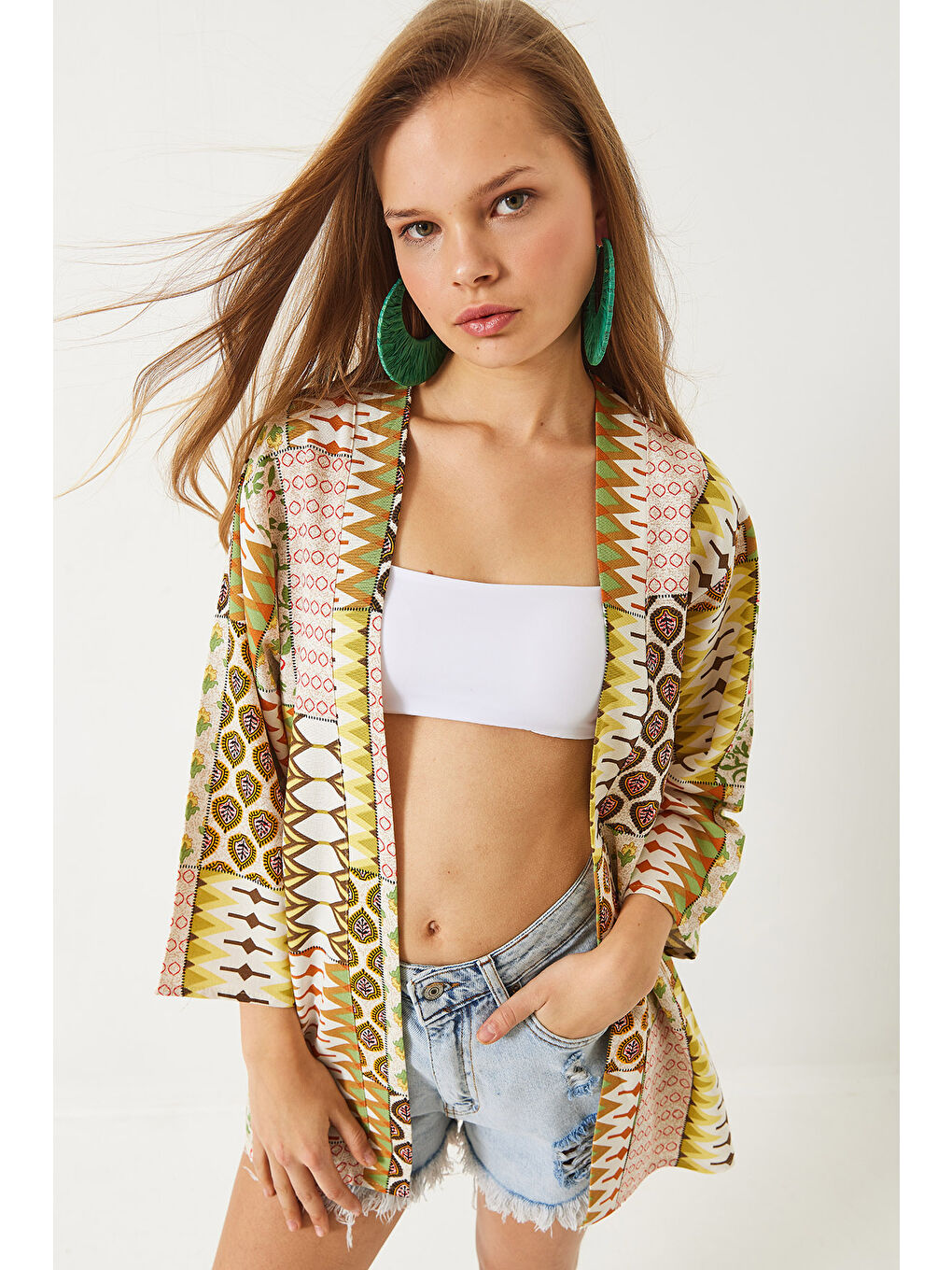 Yeşil Kadın Multi Desenli Viskon Keten Kısa Kimono-1
