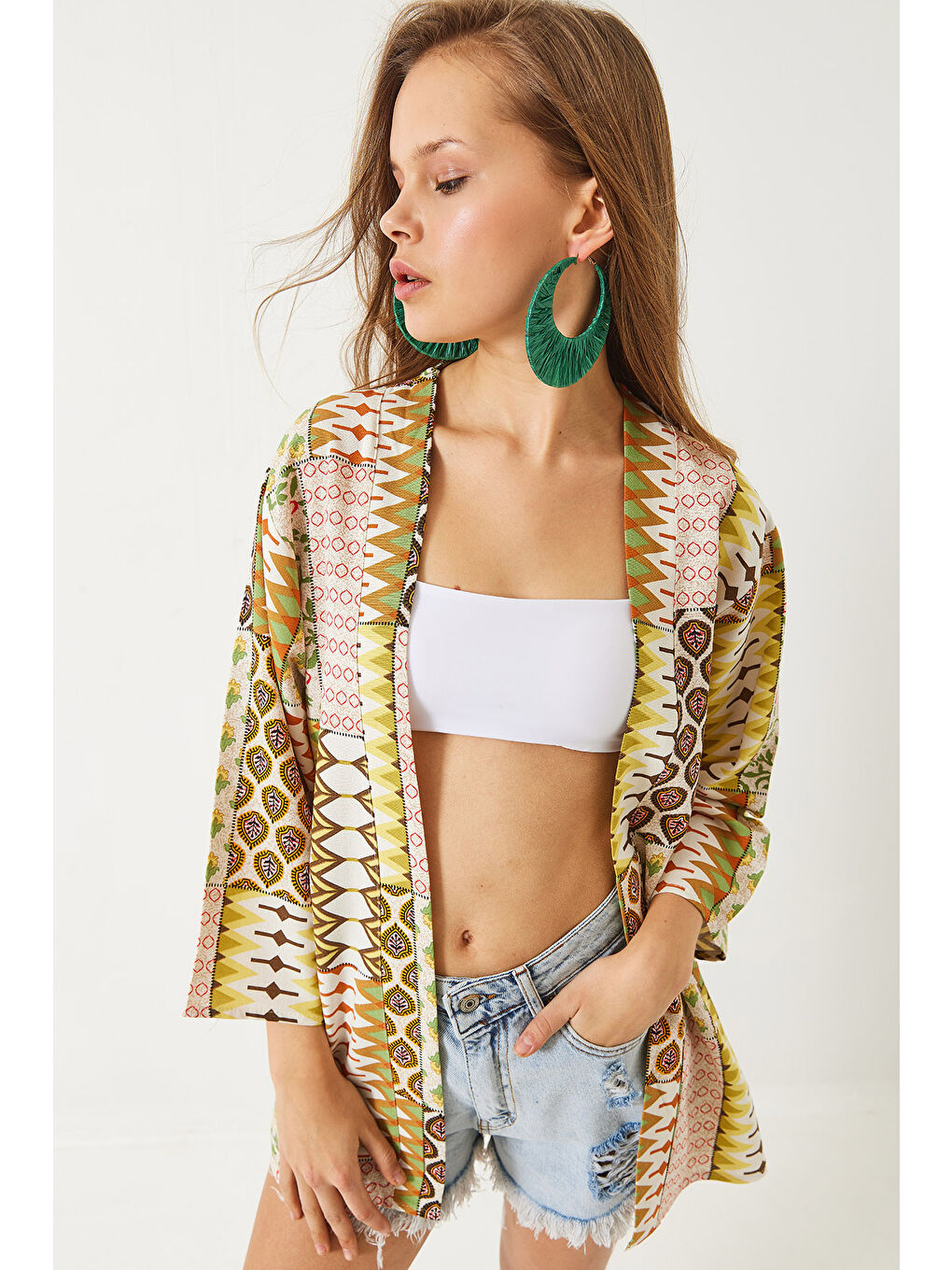 Yeşil Kadın Multi Desenli Viskon Keten Kısa Kimono-2
