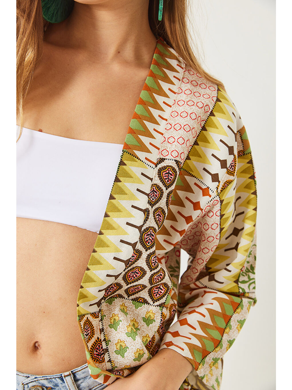 Yeşil Kadın Multi Desenli Viskon Keten Kısa Kimono-3