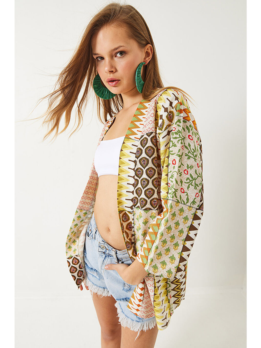 Yeşil Kadın Multi Desenli Viskon Keten Kısa Kimono-4