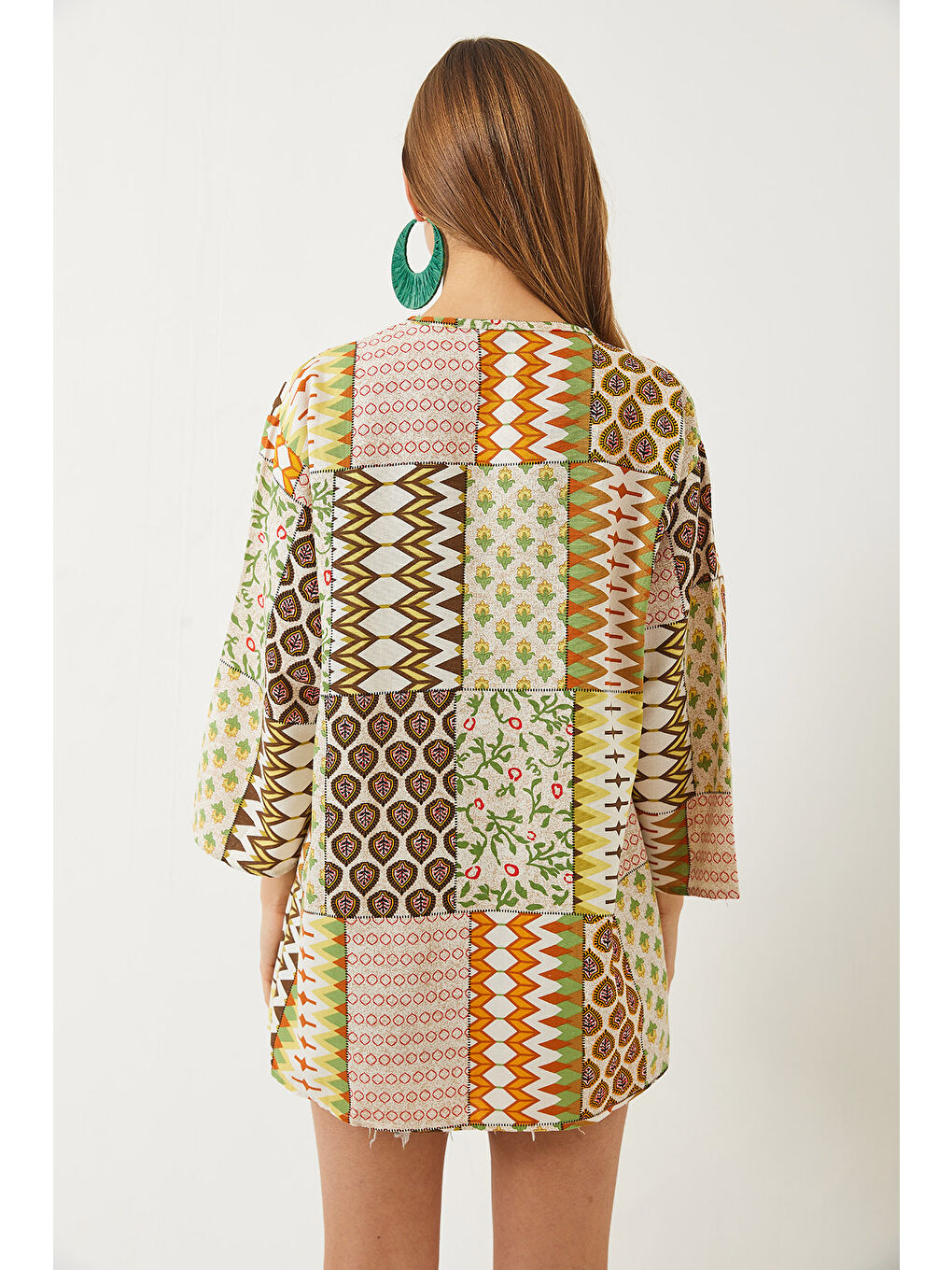 Yeşil Kadın Multi Desenli Viskon Keten Kısa Kimono-5