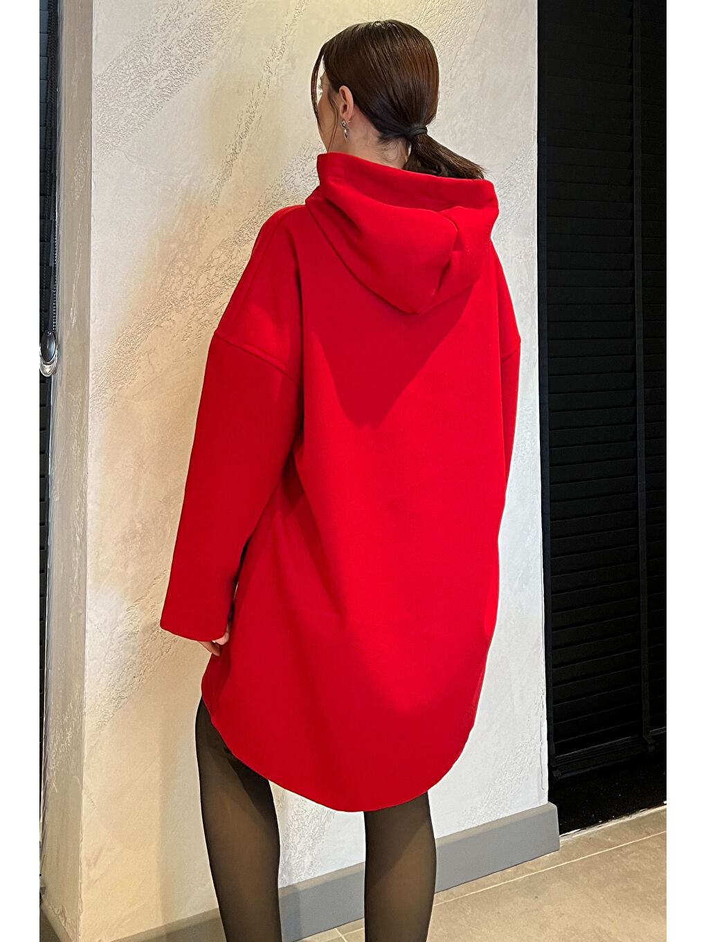 Kırmızı Kapüşonlu Fermuarlı Kadın Ceket-3