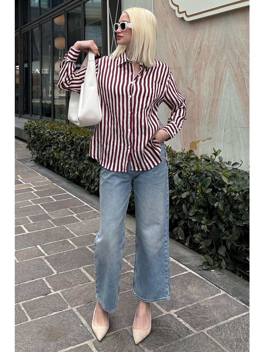 Bordo Cep Detaylı Çizgili Kadın Gömlek Mg2295-1